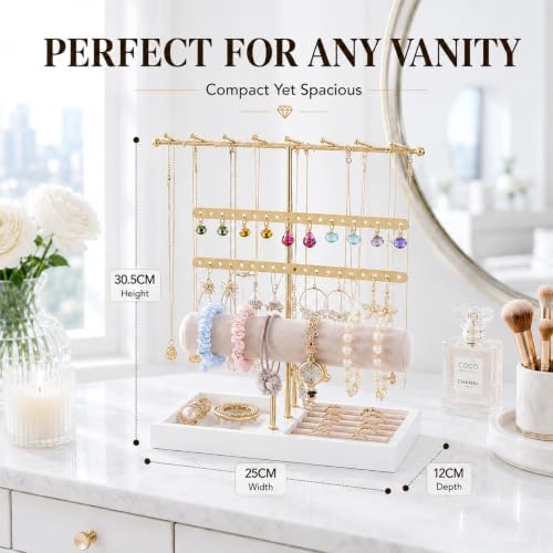 Jewelry Holder Stand with Velvet Tray, 3-Tier Gold Metal Organizer for