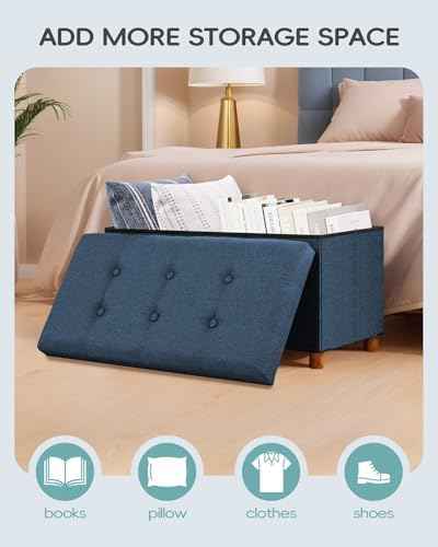 PINPLUS Storage Ottoman Cube, White Linen Footrest with Wooden Legs