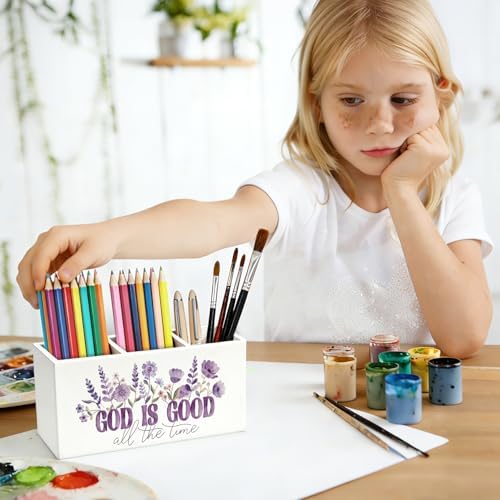 Purple Floral Christian Pen Pencil Holder for Desk Decor