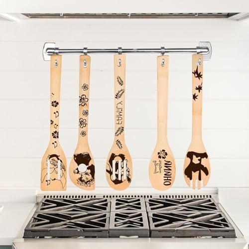 Leo and Stitc Wooden Cooking Spoons Set of 5 Burned Spatula Kitchen
