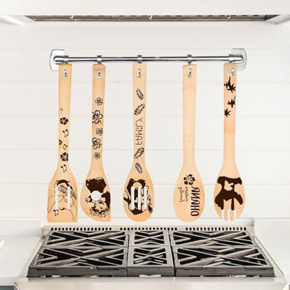 Leo and Stitc Wooden Cooking Spoons Set of 5 Burned Spatula Kitchen
