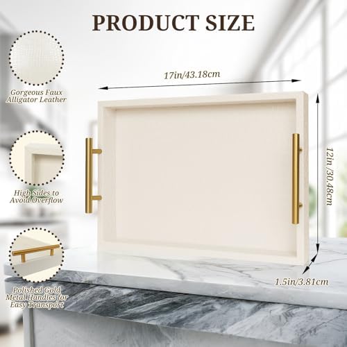 SXNOWS Faux Leather Serving Tray with Gold Handles, 17x12 in
