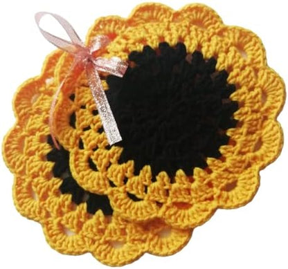 Crochet Coasters Handmade Set of 2 Decorated Cotton doilies Sunflower