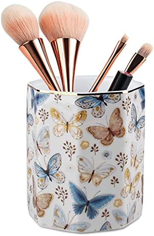 Jwest Pen Holder, Ceramic Shiny Gold Graphic Butterfly Pattern Pencil