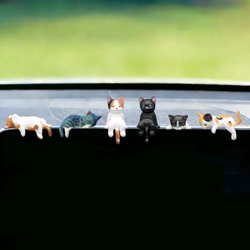 6 Pcs Cat Car Decor Dashboard Accessories, Mini Cat Figurines Cute Car