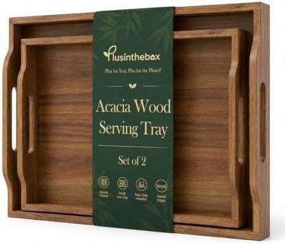Acacia Wood Serving Tray Set of 2 with Handles for Ottoman Coffee