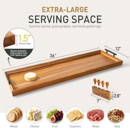 Socisen Teak 36 in Large Charcuterie Board with 4-Piece Cheese Knife