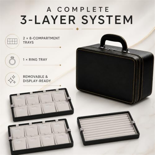 Oirlv Large 3-Layer Jewelry Travel Case with Removable Trays, Black