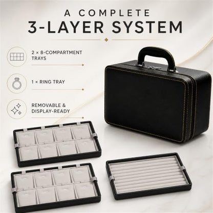 Oirlv Large 3-Layer Jewelry Travel Case with Removable Trays, Black