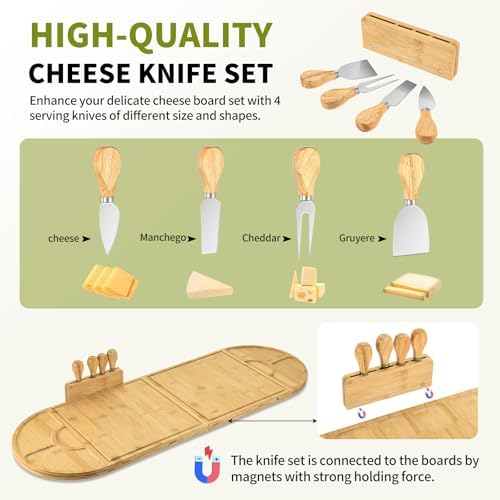 Bamboo Charcuterie Boards and Knife Set, 4 in 1 Cheese Platter