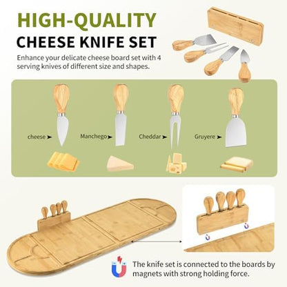 Bamboo Charcuterie Boards and Knife Set, 4 in 1 Cheese Platter