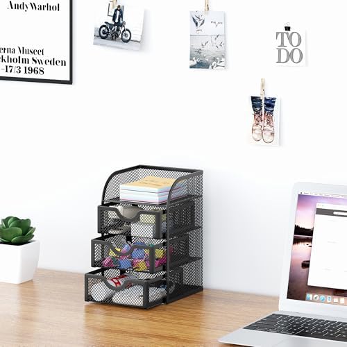EasyPAG Mesh Desk Organizer with 3 Drawer Office Desktop Organizers