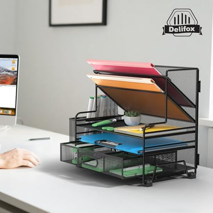 5 Tier Desk Organizer with Drawer & Pen Holders, Desk File Organizer