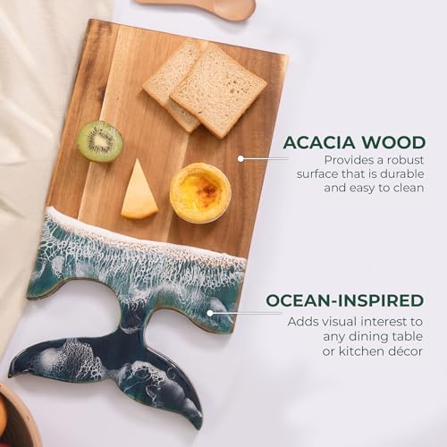 Whale Tail Serving Board, 15"x 7.9" Acacia Wood Ocean Resin Art