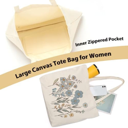 Aesthetic Floral Canvas Tote Bag for Women with Pocket, Tote Bags for