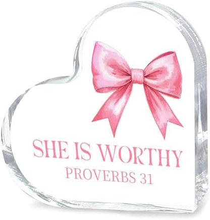 Encouragement Gifts for Women, Pink Bow Heart Acrylic Christian Desk