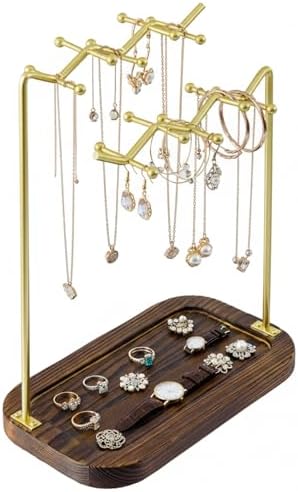 MyGift Rustic Solid Wood & Brass Tone Metal Tabletop Jewelry Organizer