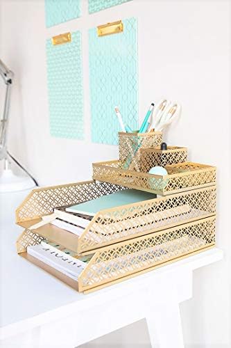BLU MONACO | Gold Desk Organizer Set for Women 6 Piece | Mail Sorter