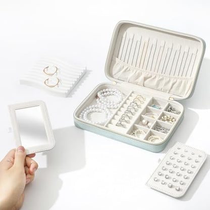 Genuine Leather Travel Jewelry Organizer Case Box with Mirror for