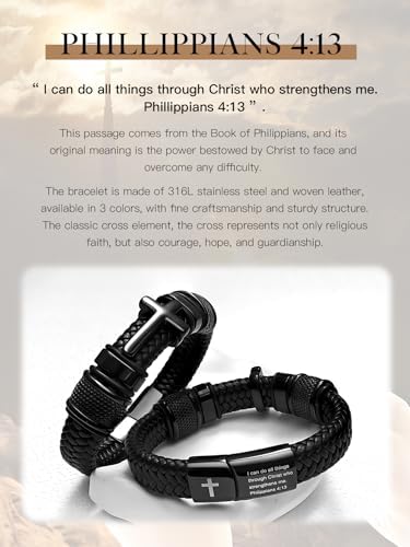Black Cross Cuff Bracelet for Men, Philippians 4:13 Stainless Steel