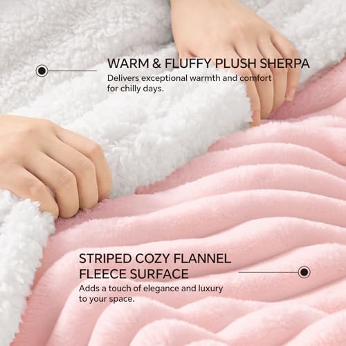INFIIXSO Striped Sherpa Throw Blanket for Couch, Warm Plush, Pink
