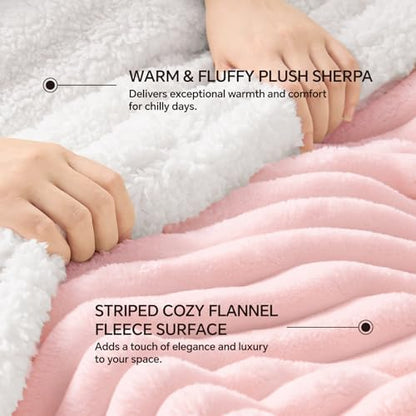 INFIIXSO Striped Sherpa Throw Blanket for Couch, Warm Plush, Pink