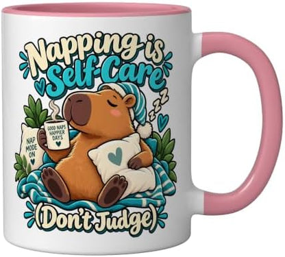 Napping Is Self-Care Funny Capybara Ceramic Mug, Pink/White, 11oz