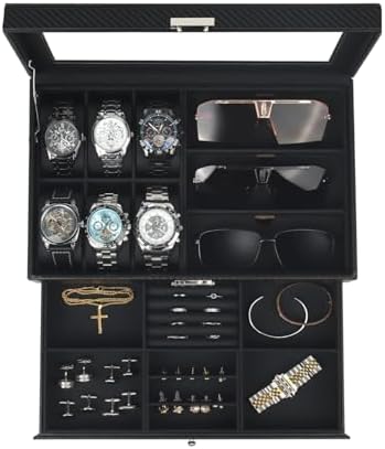 Kukikan Mens Jewelry Box Organizer, 6 Watch Slots & 3 Sunglasses -All