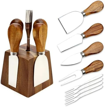 9 Pack Cheese Knives with Holder Acacia Wood Charcuterie Board