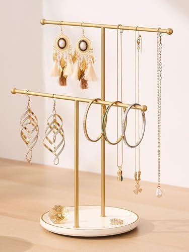 Jewelry Stand with Ceramic Tray, Necklace Holder, Gold Bar White Base