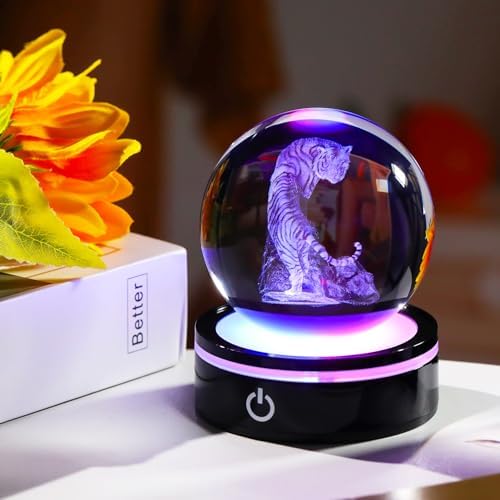 YWHL 3D Tiger Figurine Crystal Ball with Colorful Light Base, Tiger