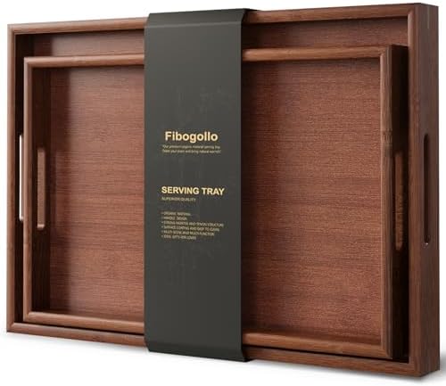 Fibogollo Bamboo Set of 2 Serving Tray with Handles,Decorative Trays