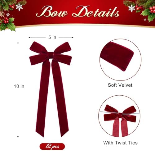 Mauproy 12 Pcs Burgundy Velvet Bows for Christmas Tree, 5” x 10”