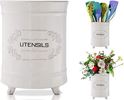 Comfify French White Ceramic Utensil Crock – French Country – Scroll