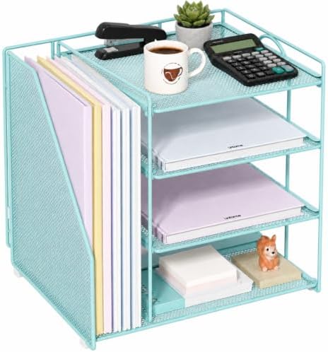 Teal Desk File Organizer and Accessories, 4-Tier Paper Organizer with