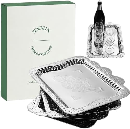 Silver Serving Trays, 4 Pack, 13.6 in Stainless Steel Platters