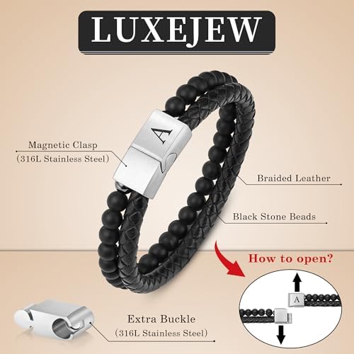 LUXEJEW Gifts for Men - Mens Bracelet, Beaded Leather Initial Bracelet