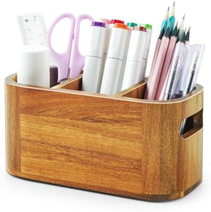 Acacia Pencil Pen Holder for Desk, Wooden Office Organizer with 3
