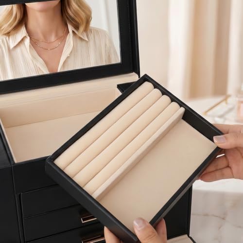 Large Leather Jewelry Box for Women, Mirror, 6 layer, Black