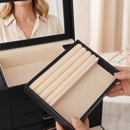Large Leather Jewelry Box for Women, Mirror, 6 layer, Black