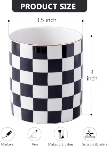 Ceramic Checkered Pen Holder For Desk Cute Stand Gold Line Pencil Cup