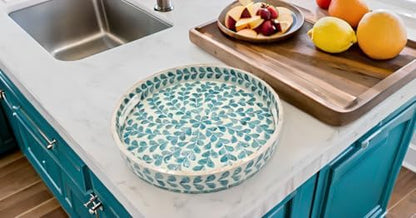 PEMAR 12.6” Mother of Pearl Round Serving Tray with Handles