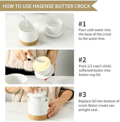 Hasense Ceramic Butter Crock with Lid, French Butter Keeper with Water
