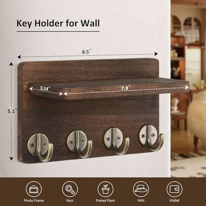 Nekon Key Holder Wall Mount, 8.5 Inch Wall Shelf, Brown