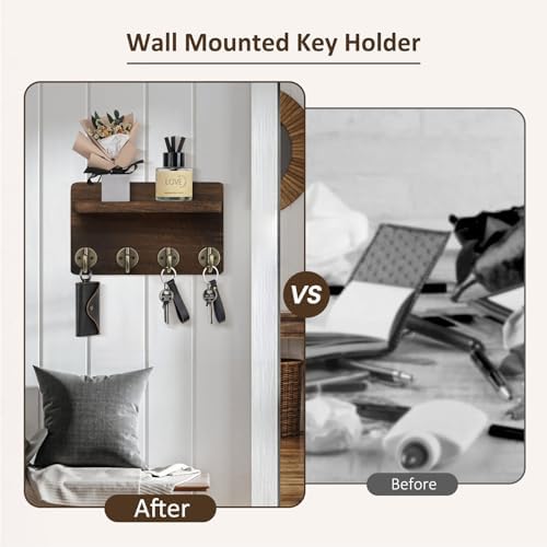 Nekon Key Holder Wall Mount, 8.5 Inch Wall Shelf, Brown