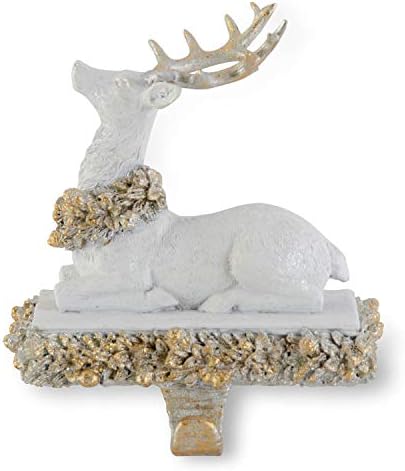 8 Inch White and Gold Glittered Sitting Reindeer Stocking Holder