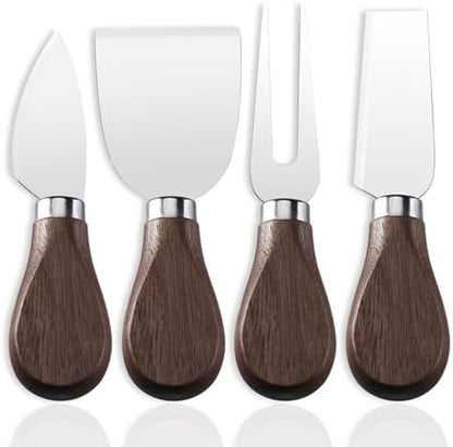 Linwnil 4-Piece Set of Stainless Steel Cheese Knives with Wood Hand