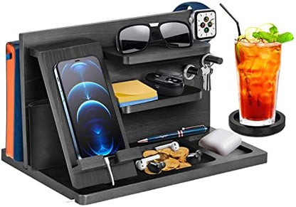 Gifts for Men Bedside Organiser Wood Phone Docking Station Dad