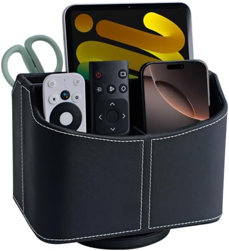 LAMOTI Remote Control Holder, 360° Rotating PU Leather Desk Organizer