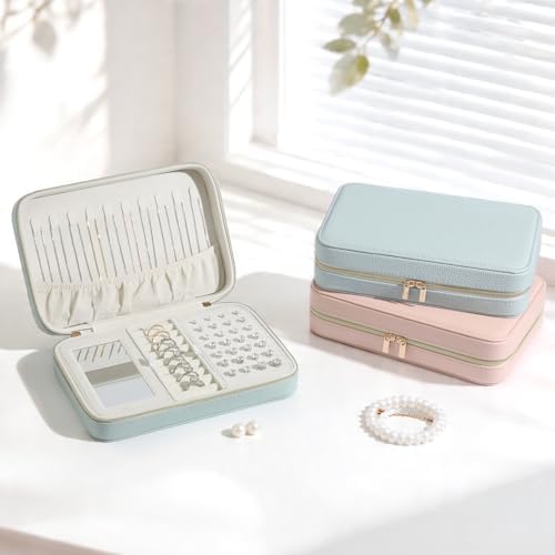 Genuine Leather Travel Jewelry Organizer Case Box with Mirror for